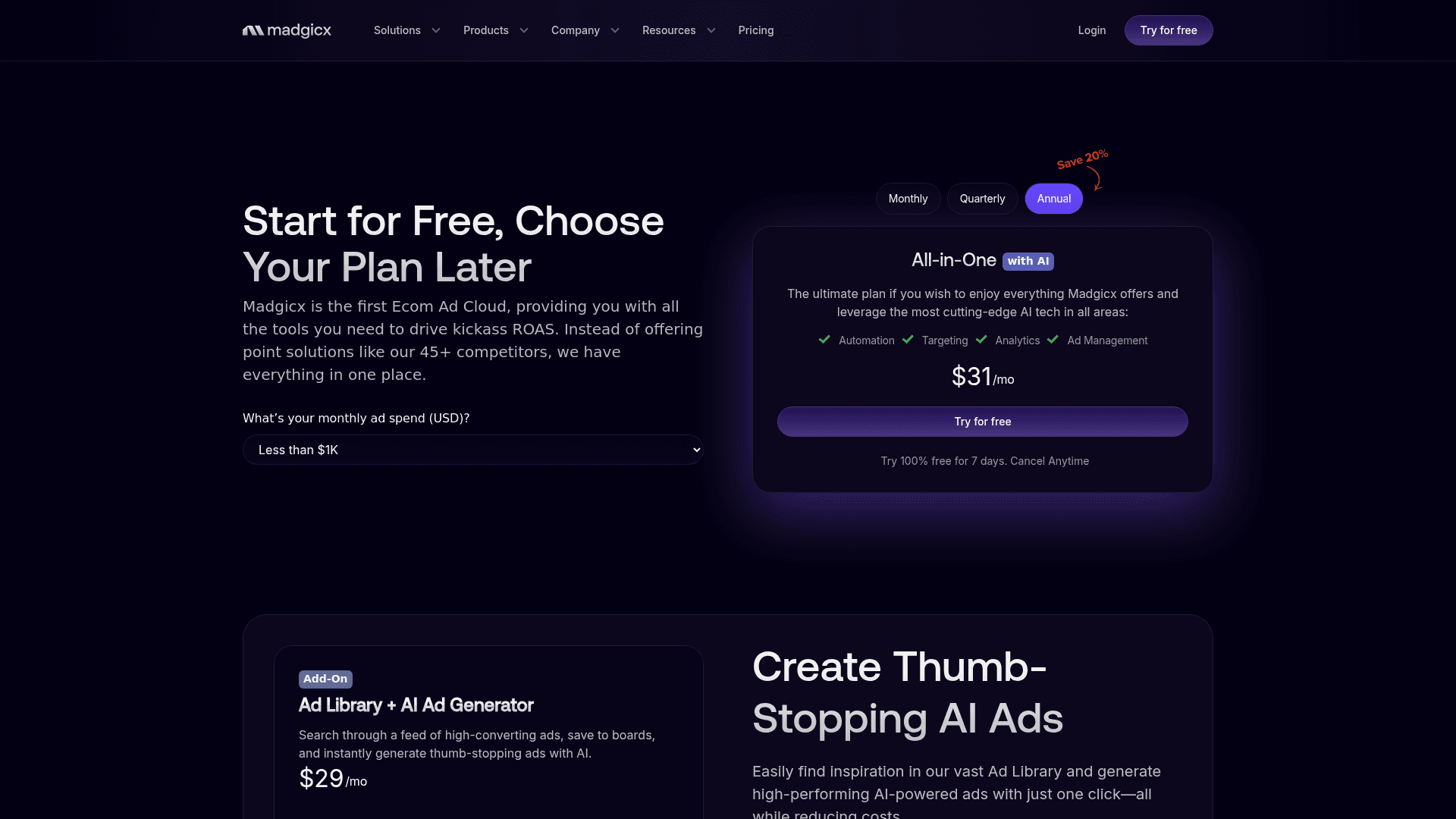 Pricing page of Madgicx