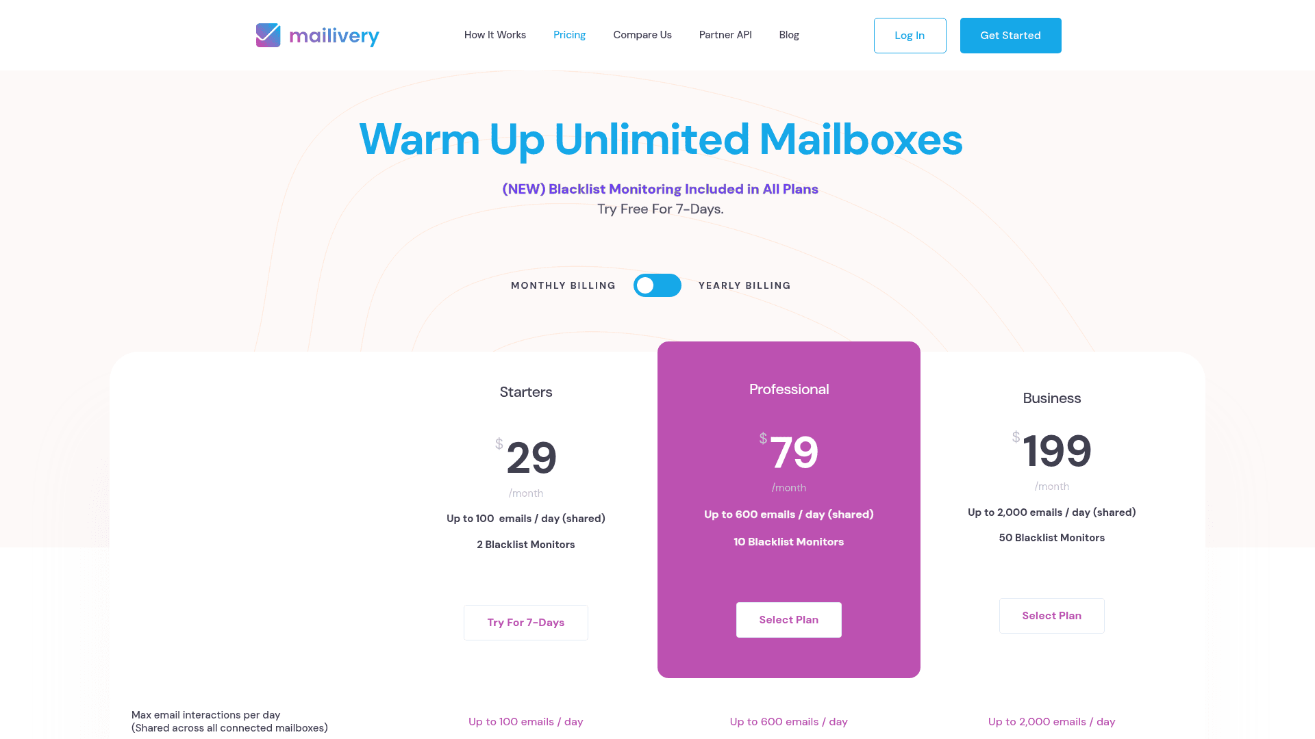 Pricing page of Mailivery
