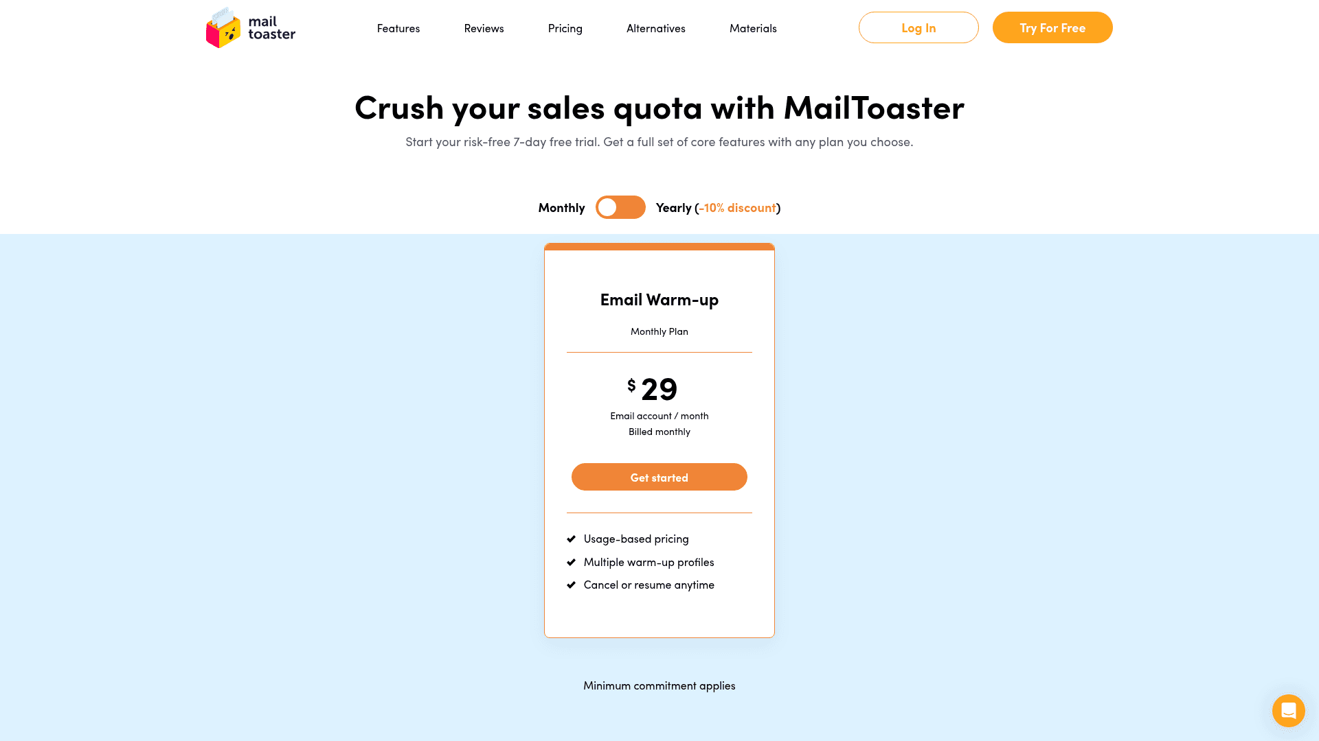 Pricing page of MailToaster