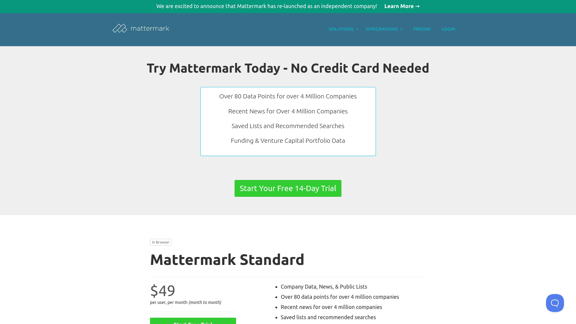 Pricing page of Mattermark