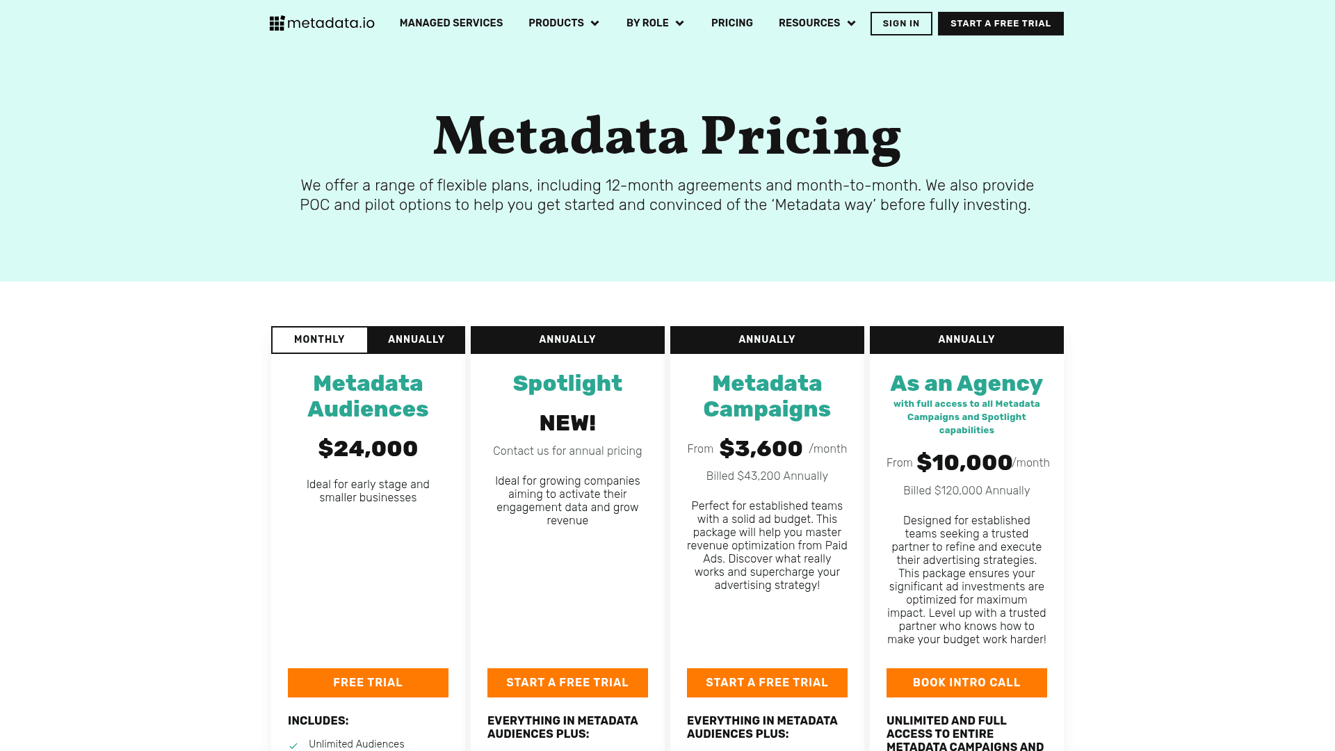 Pricing page of Metadata