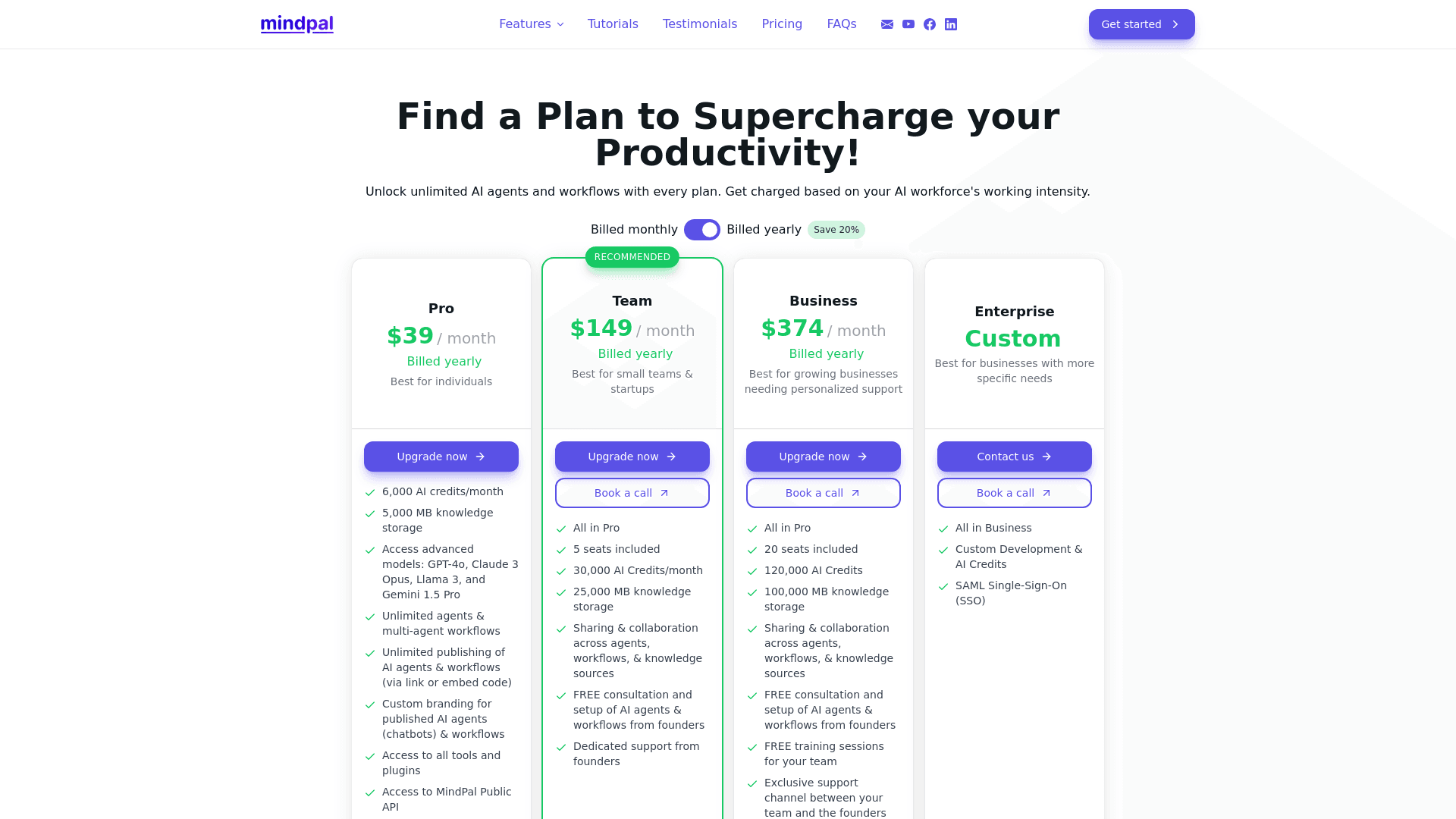 Pricing page of Mindpal