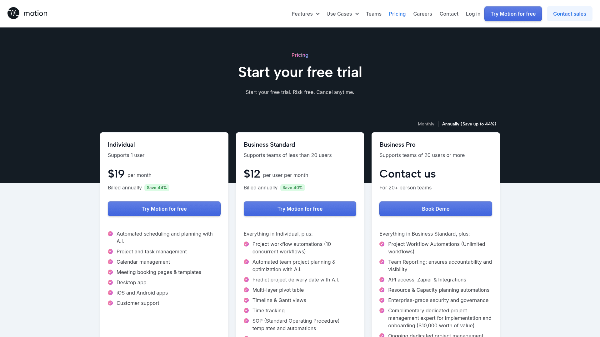 Pricing page of Motion