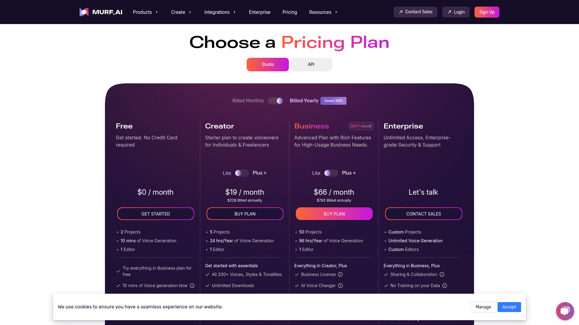 Pricing page of Murf AI