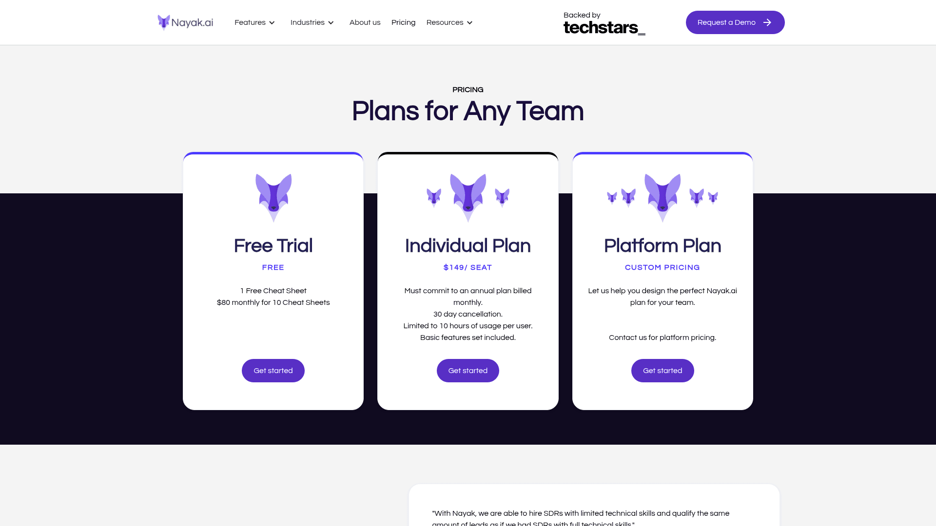 Pricing page of Nayak