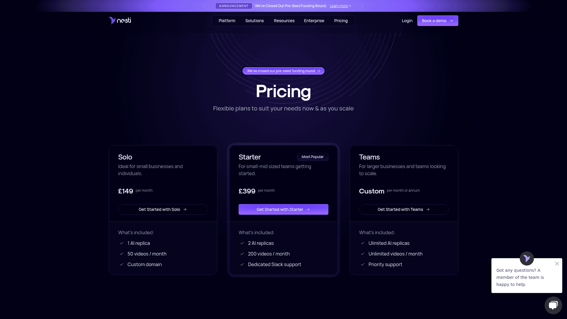 Pricing page of Nesti