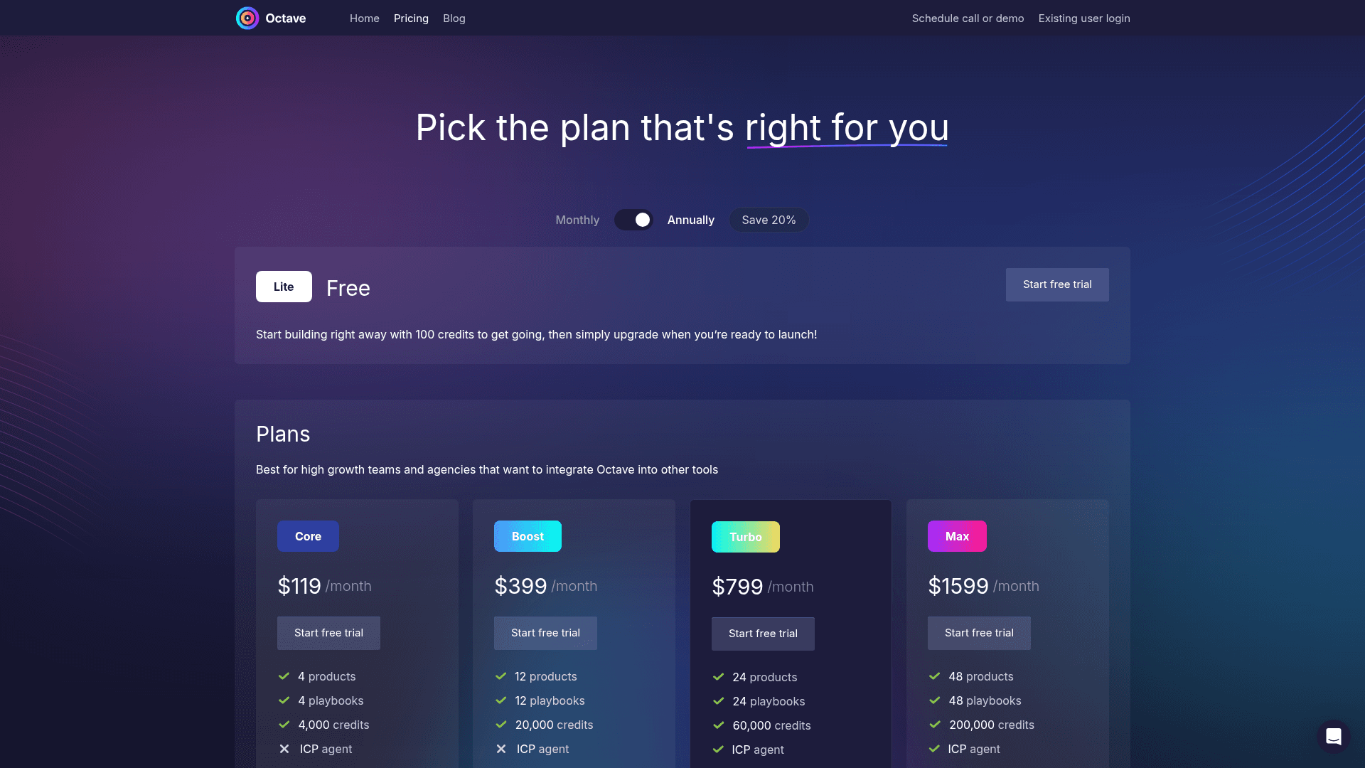 Pricing page of Octave