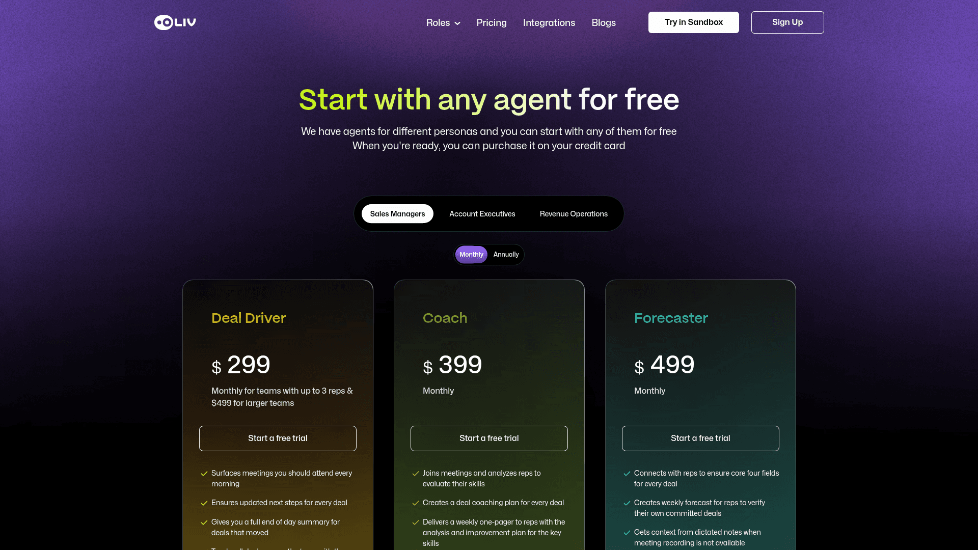 Pricing page of Oliv AI