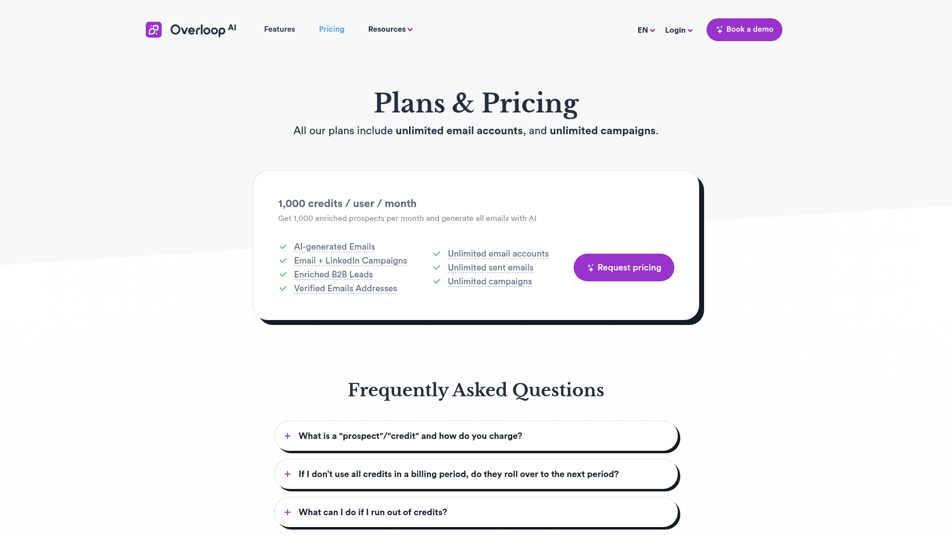 Pricing page of Overloopai