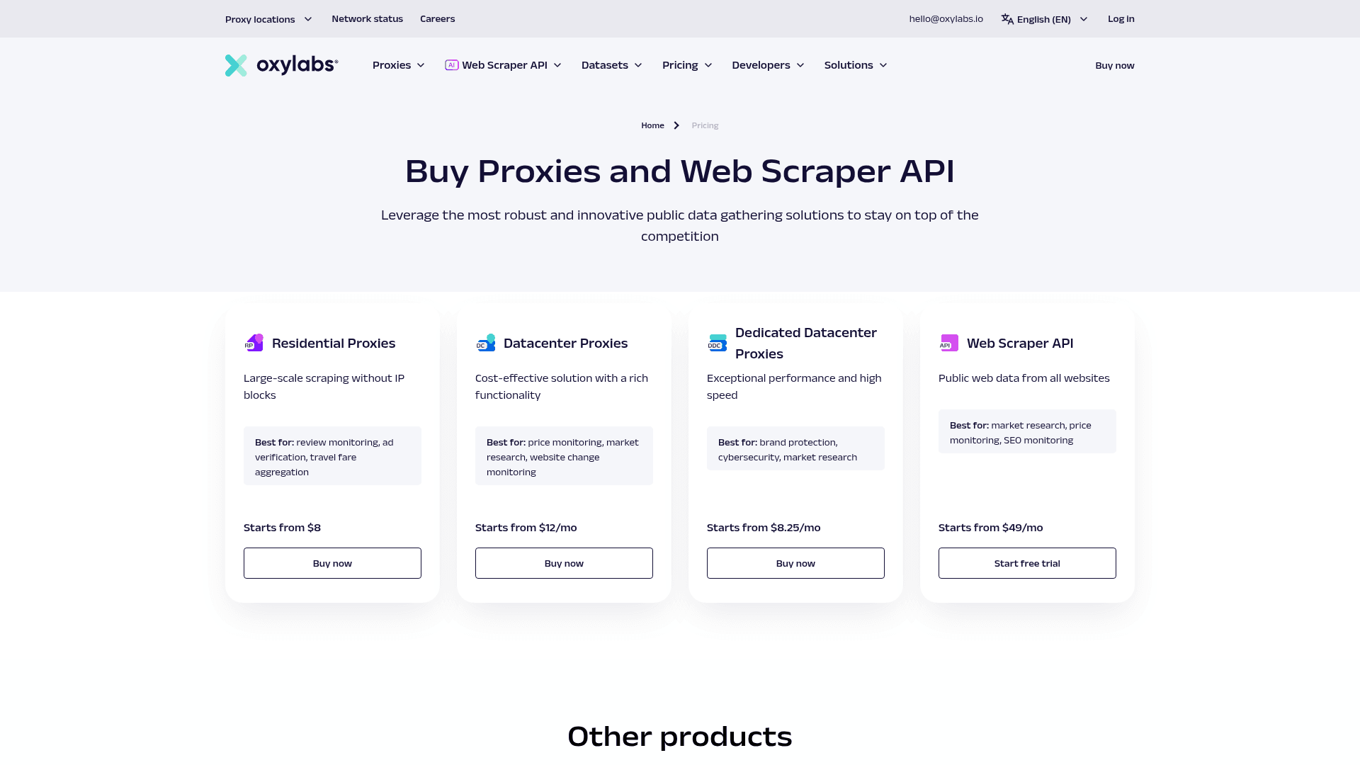 Pricing page of Oxylabs