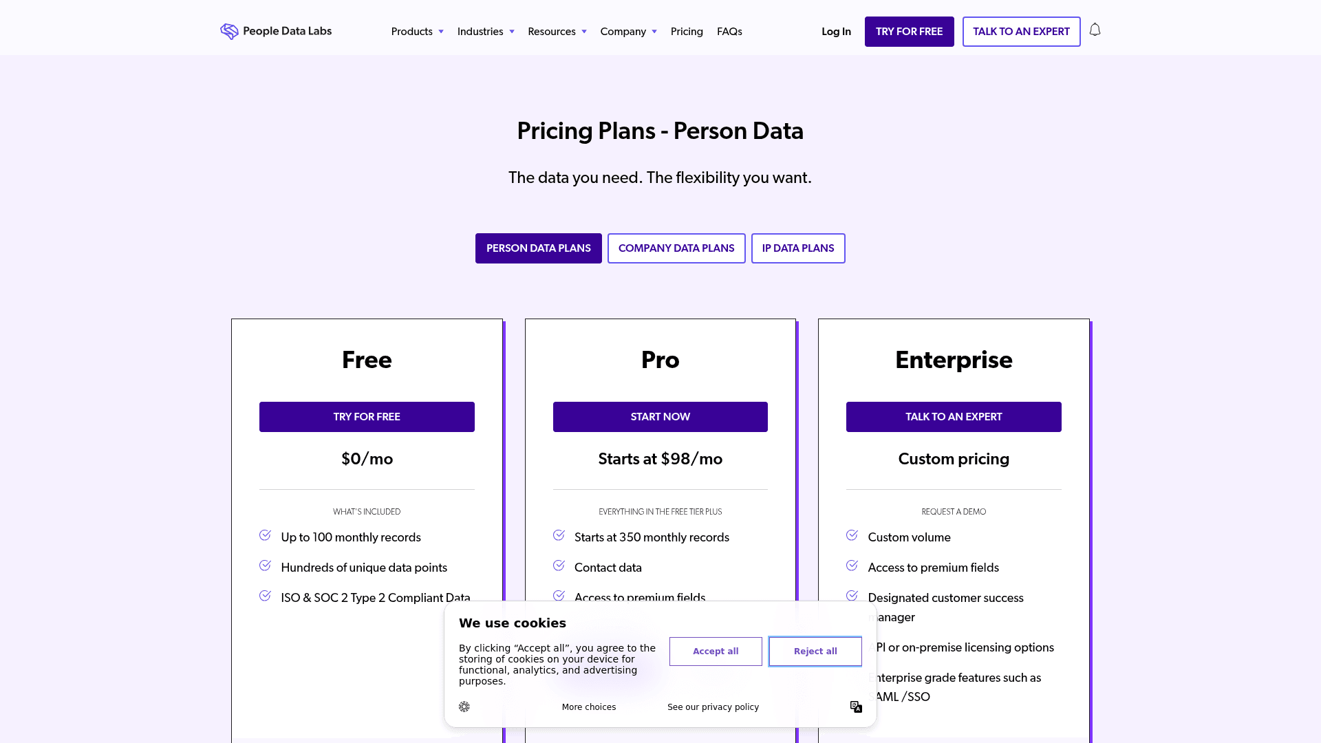 Pricing page of People Data Labs
