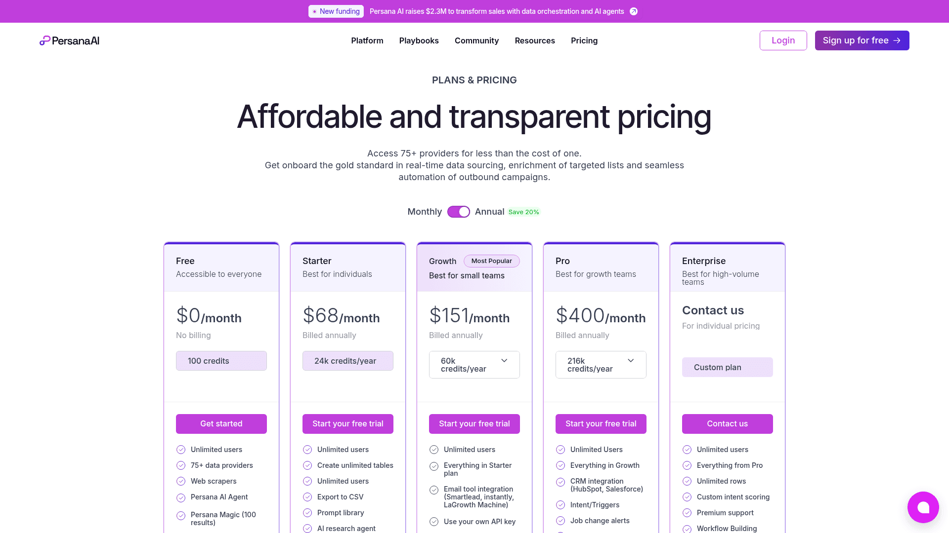 Pricing page of Persana
