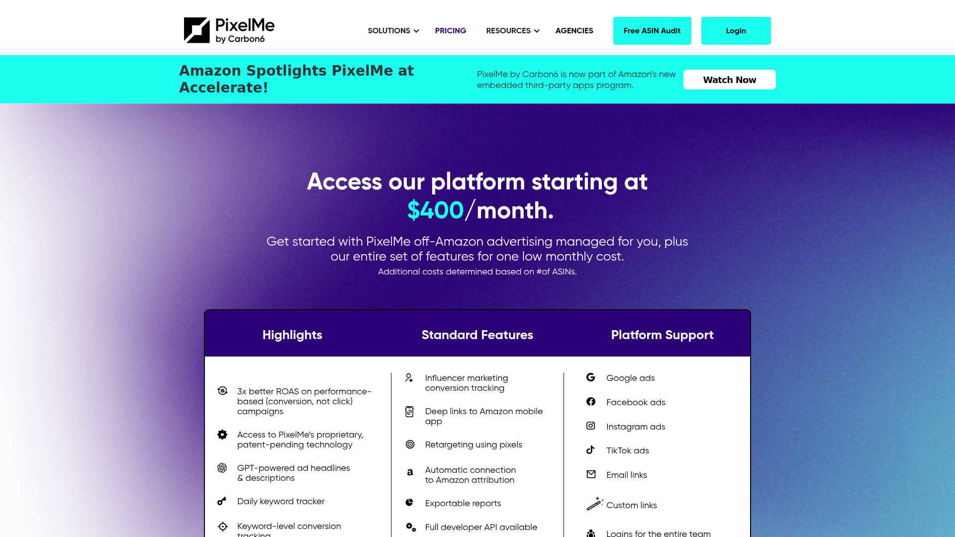 Pricing page of PixelMe