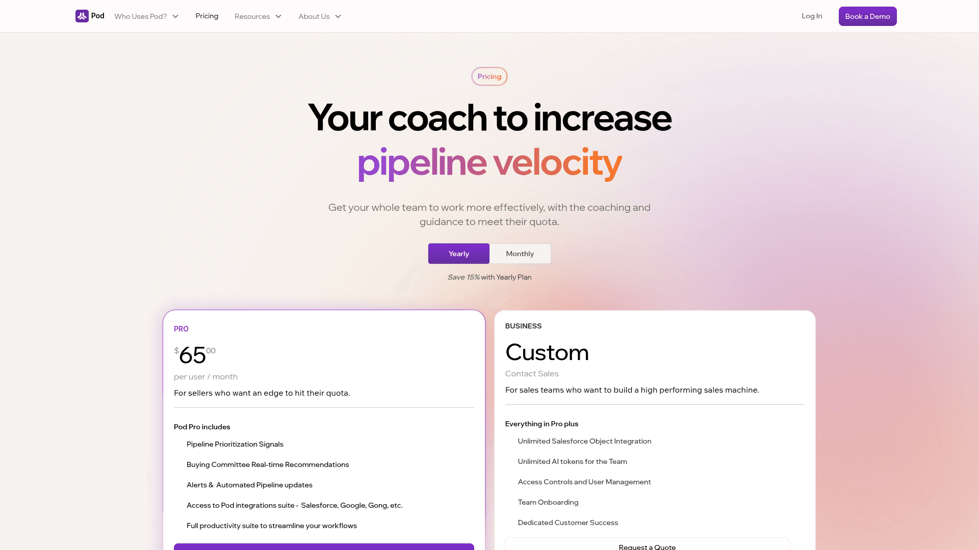 Pricing page of Pod