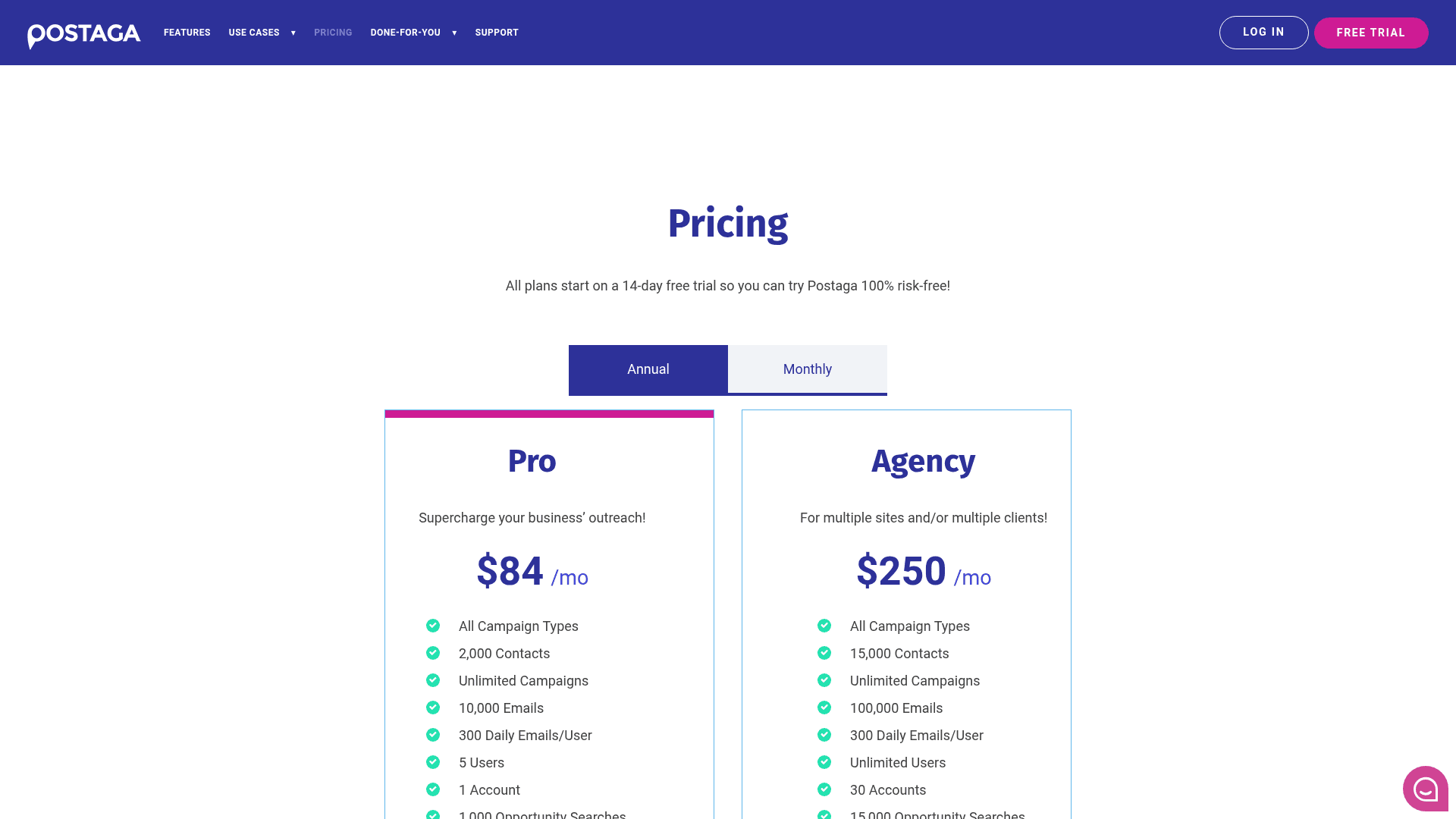 Pricing page of Postaga