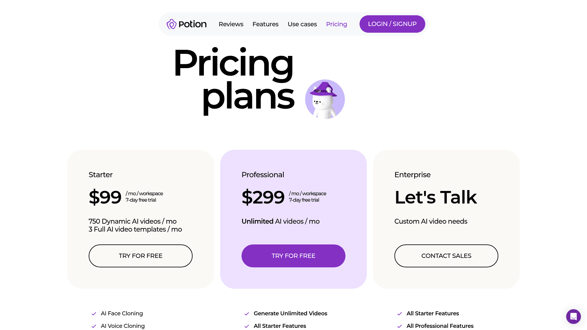 Pricing page of Potion