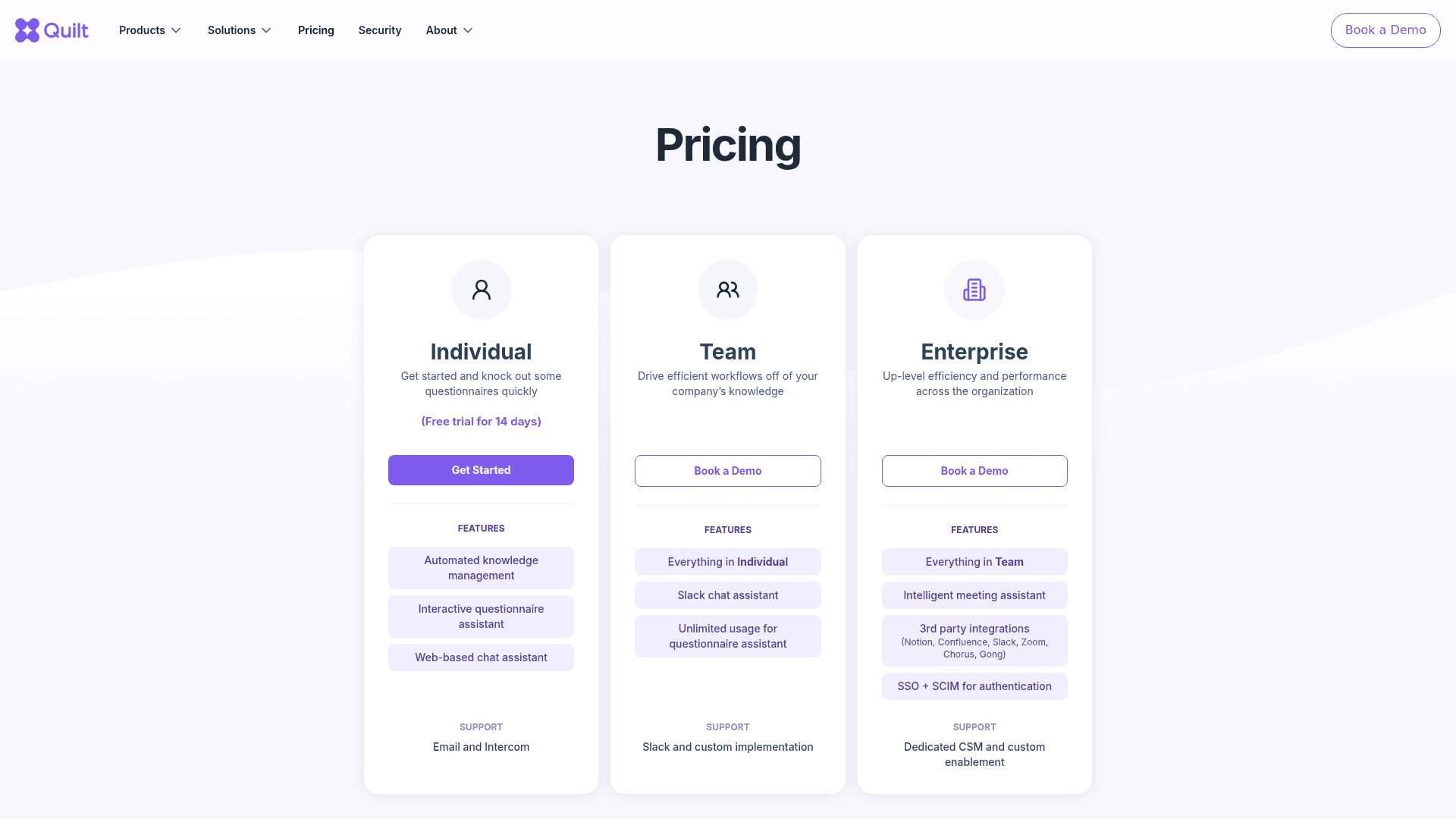 Pricing page of Quilt