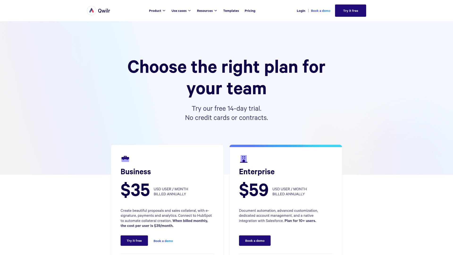 Pricing page of Qwilr