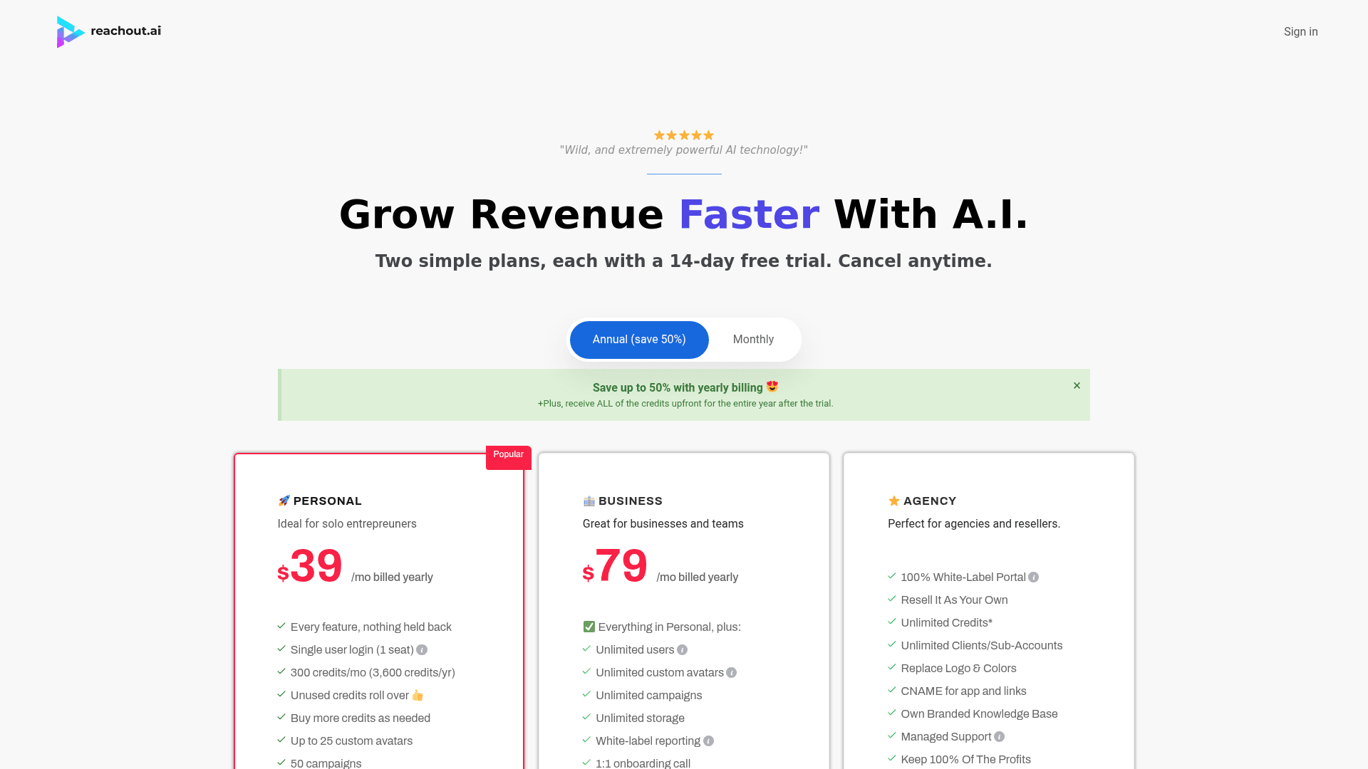 Pricing page of Reachout