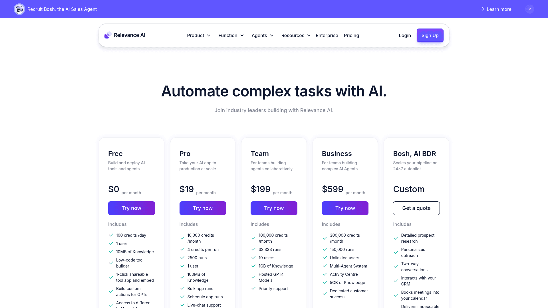 Pricing page of Relevance AI
