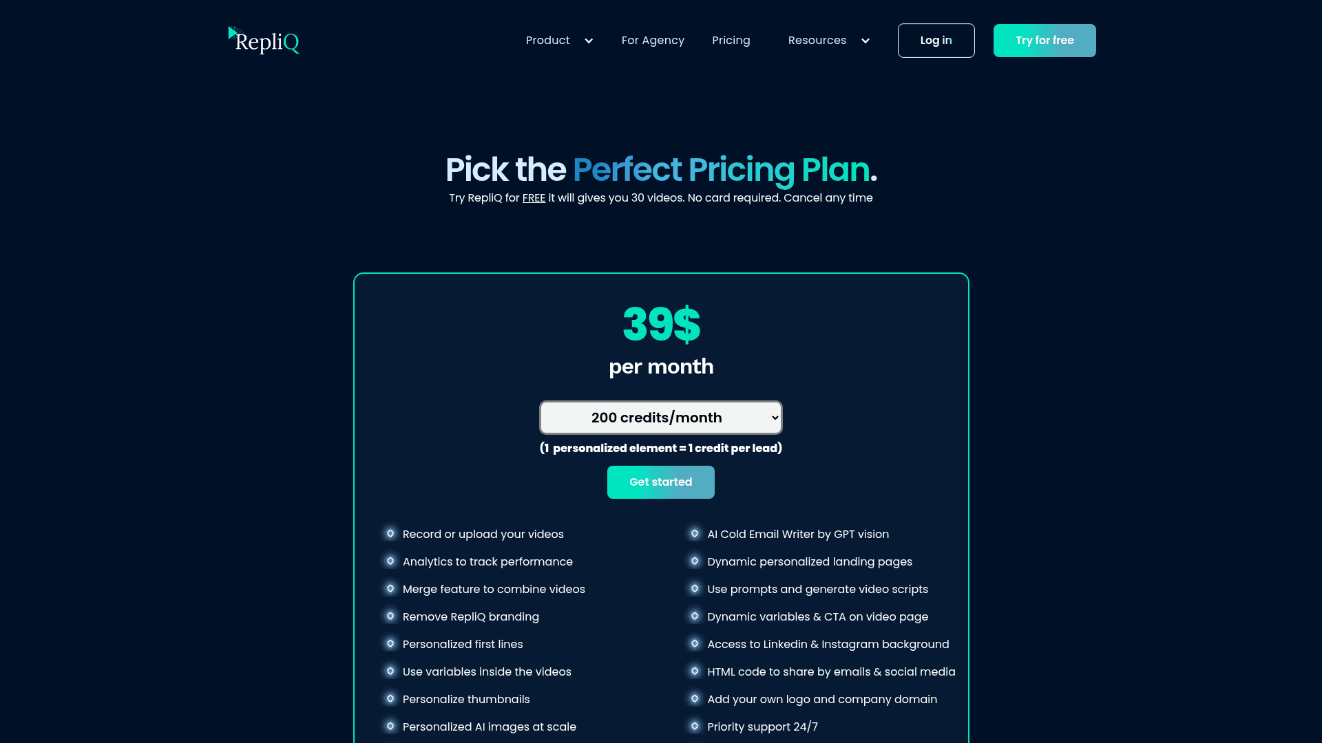 Pricing page of RepliQ