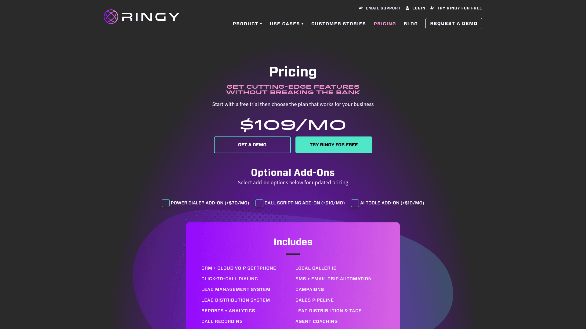 Pricing page of Ringy