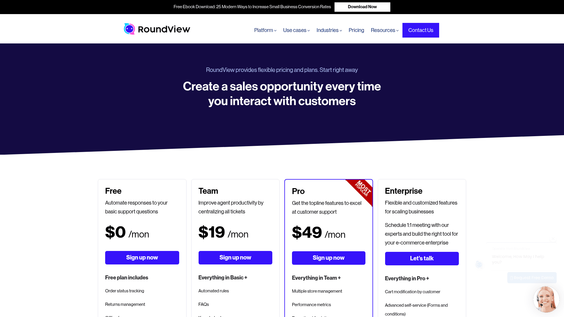 Pricing page of RoundView