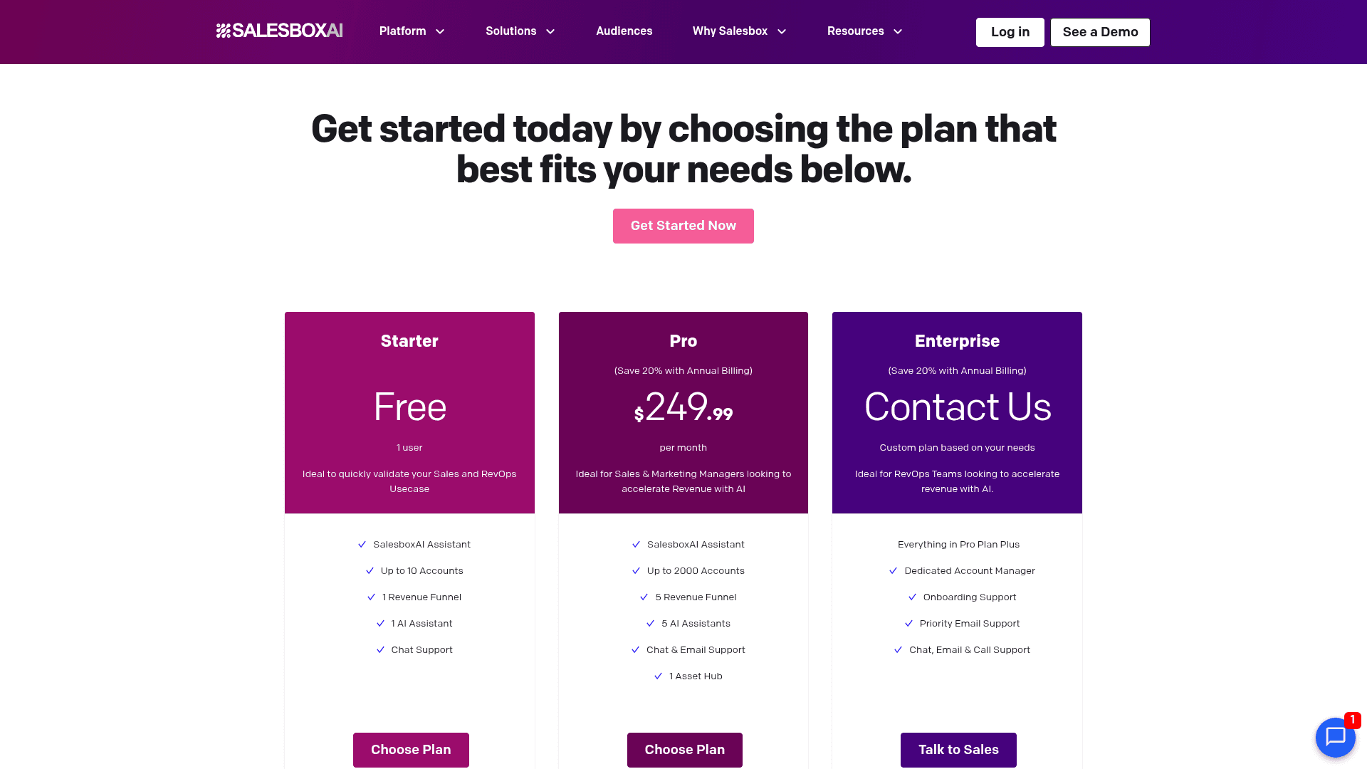 Pricing page of Salesbox AI