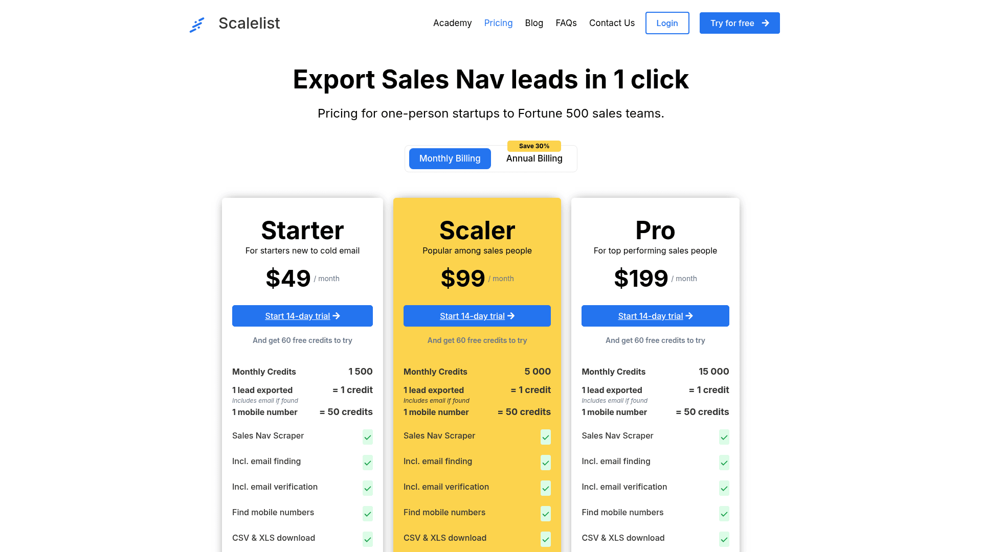 Pricing page of Scalelist