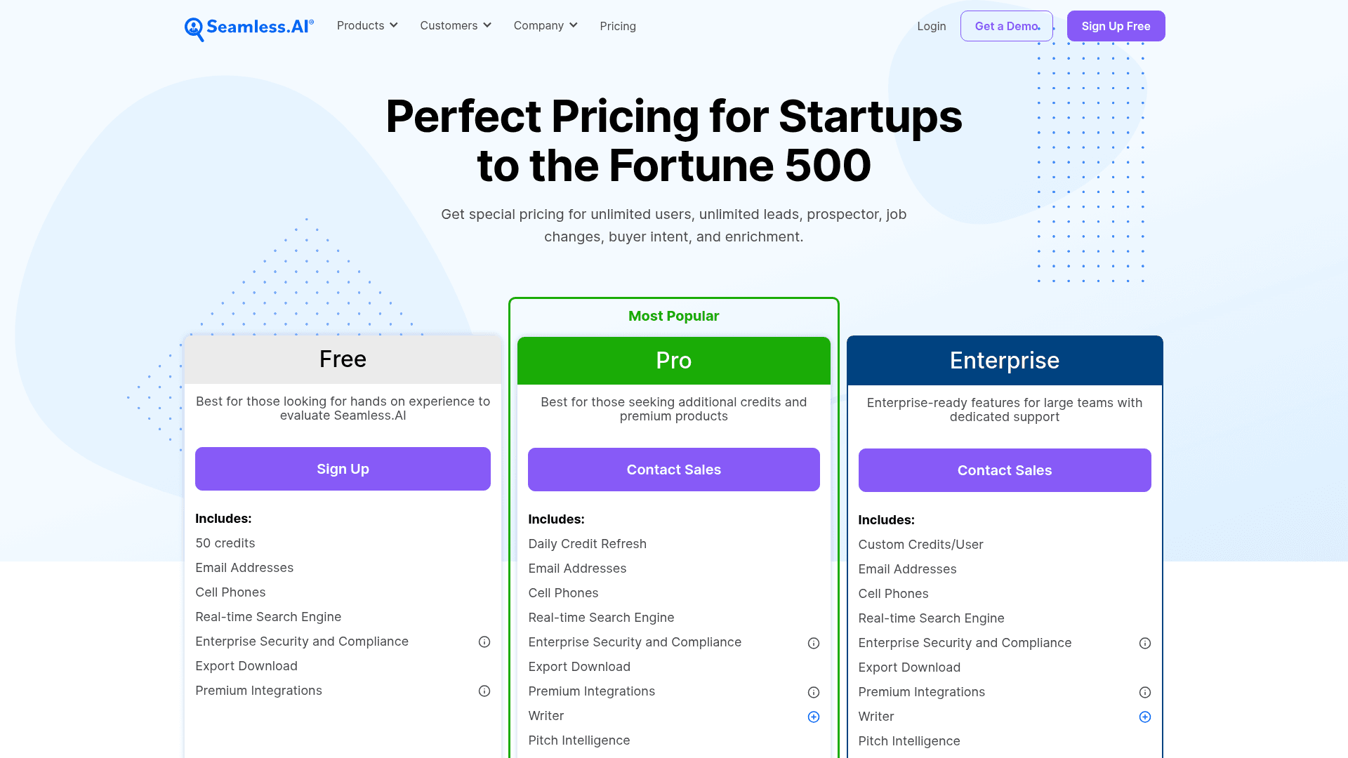 Pricing page of Seamless