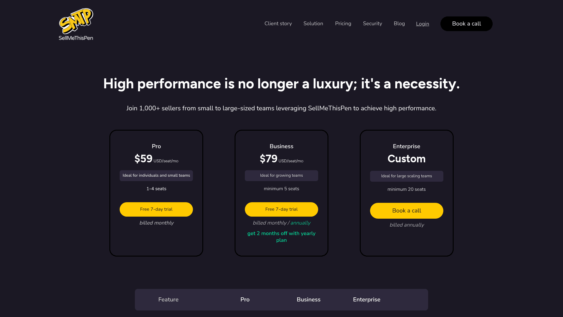 Pricing page of SellMeThisPen