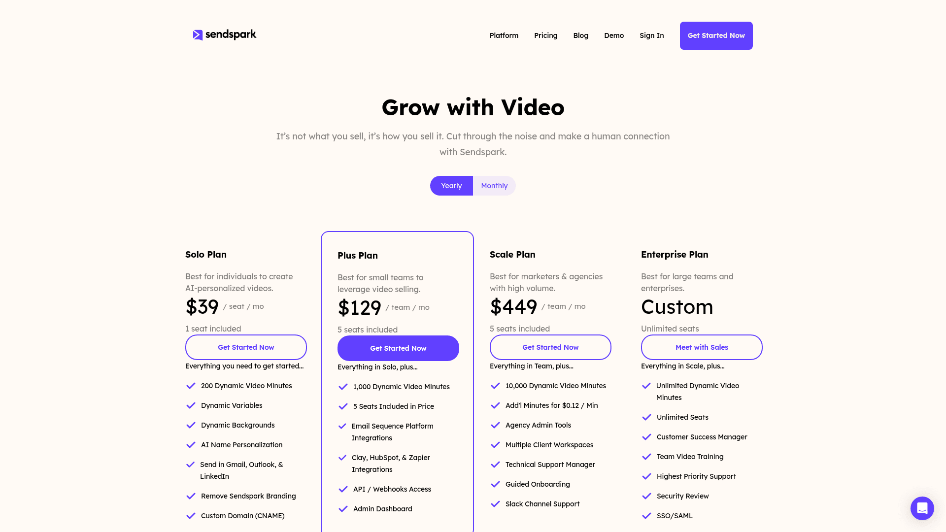 Pricing page of Sendspark