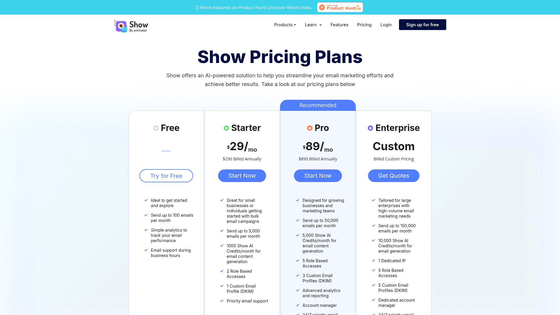 Pricing page of Show