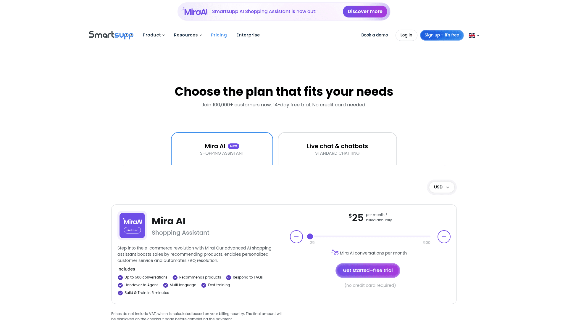 Pricing page of Smartsupp
