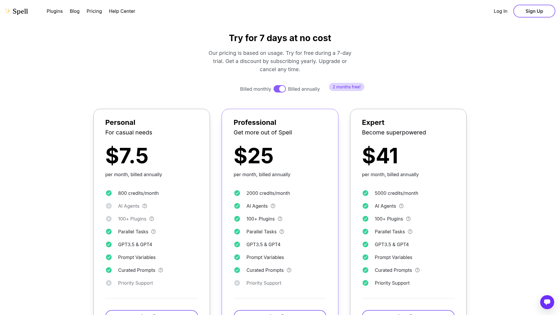 Pricing page of Spell