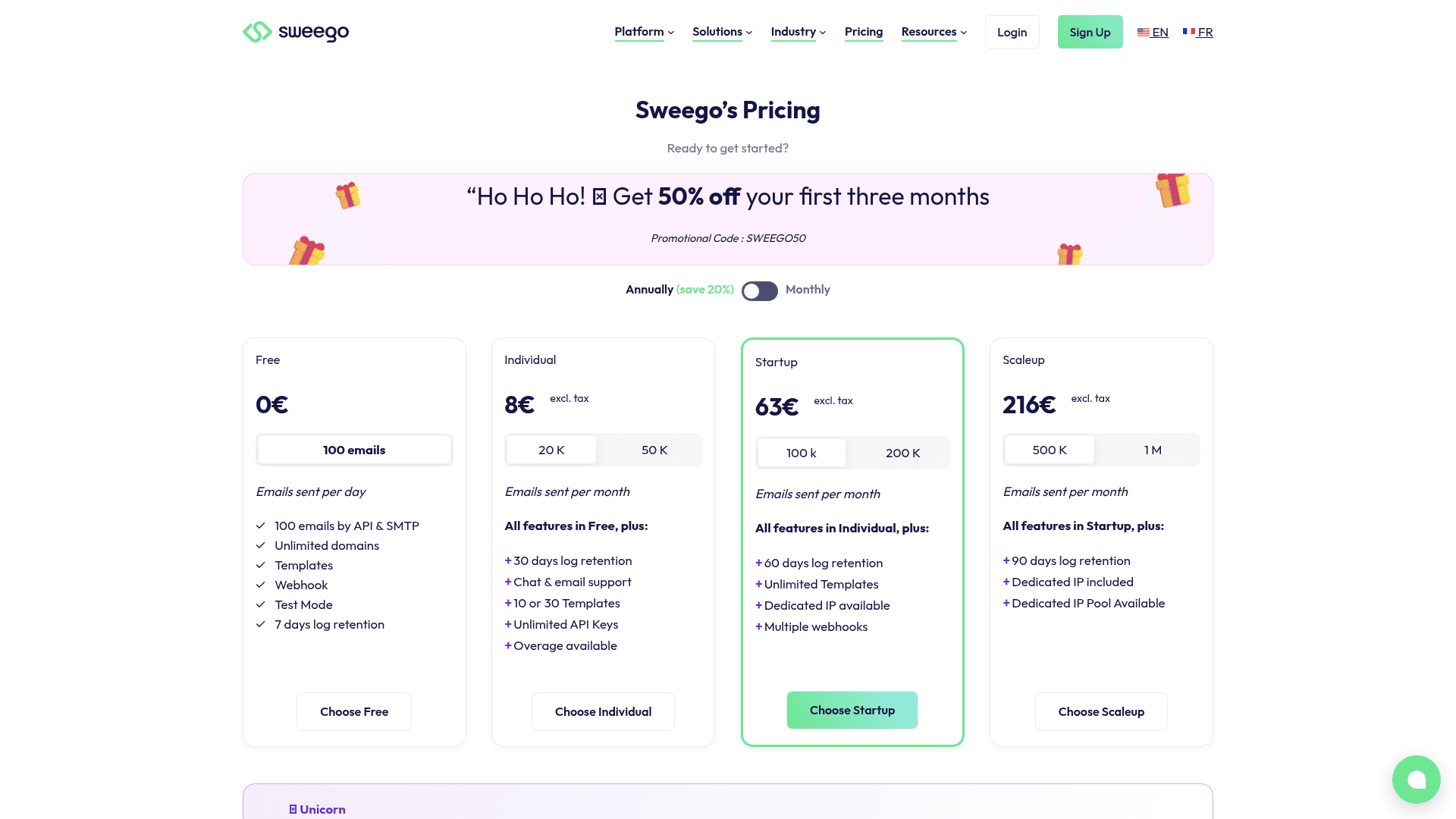Pricing page of Sweego