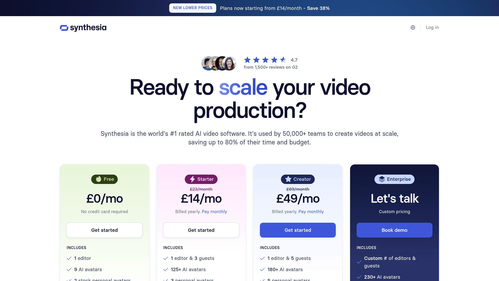 Pricing page of Synthesia