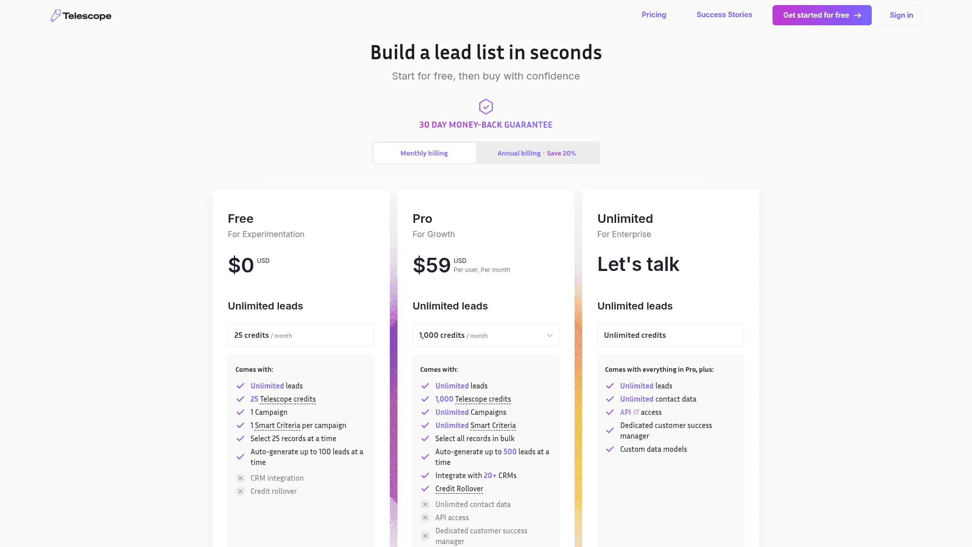 Pricing page of Telescope