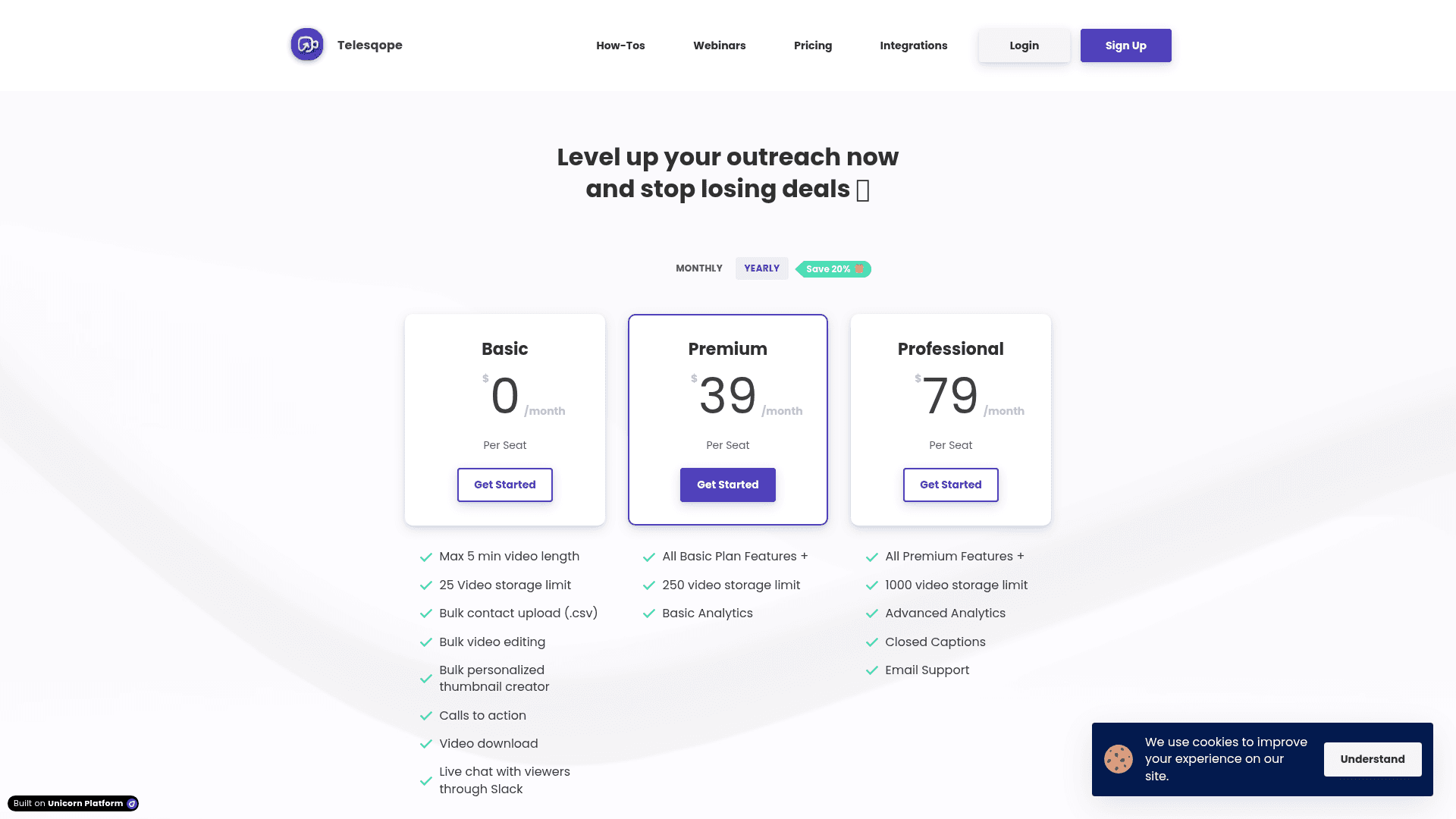 Pricing page of Telesqope