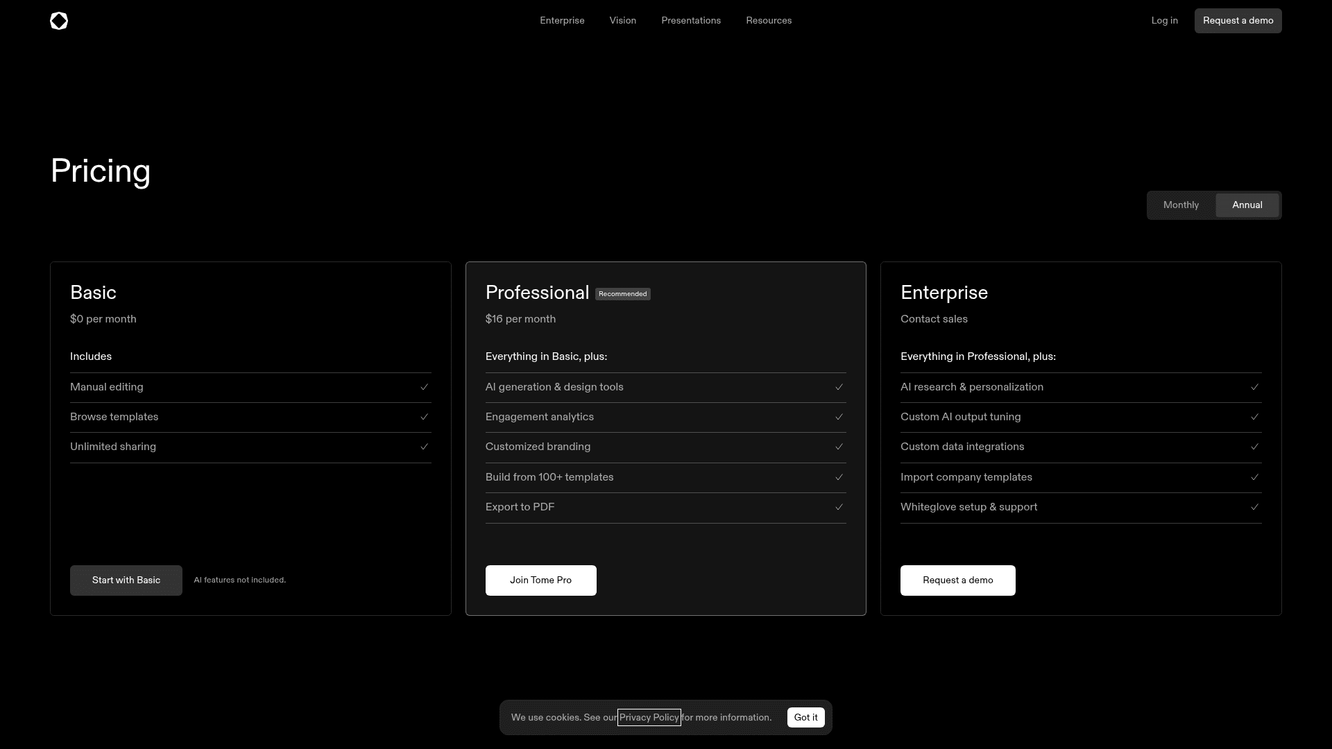 Pricing page of Tome