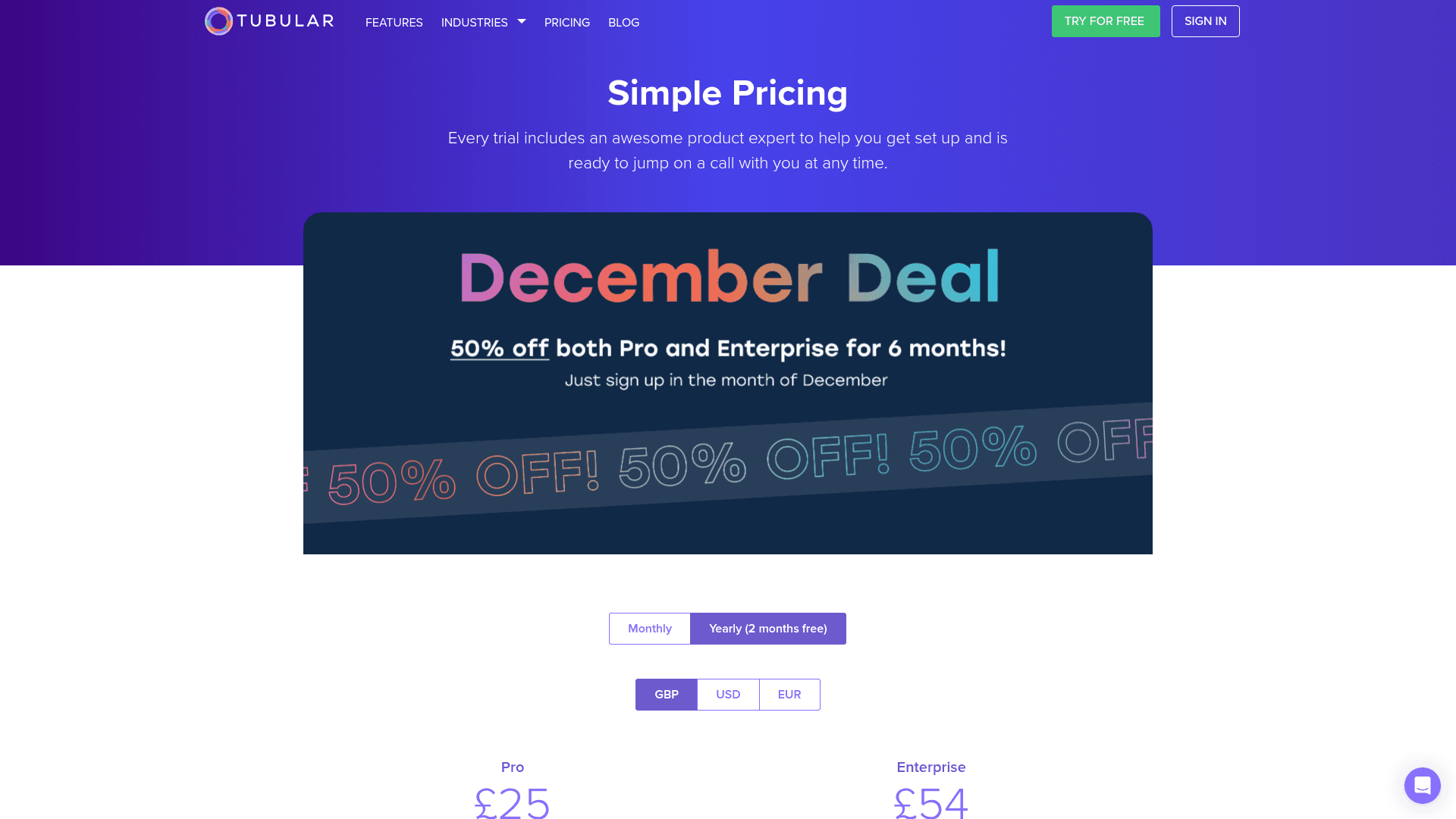 Pricing page of Tubular