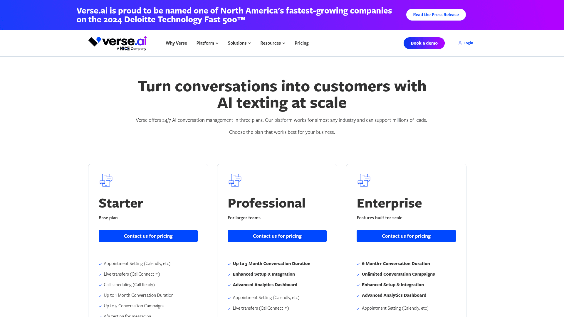 Pricing page of Verseai