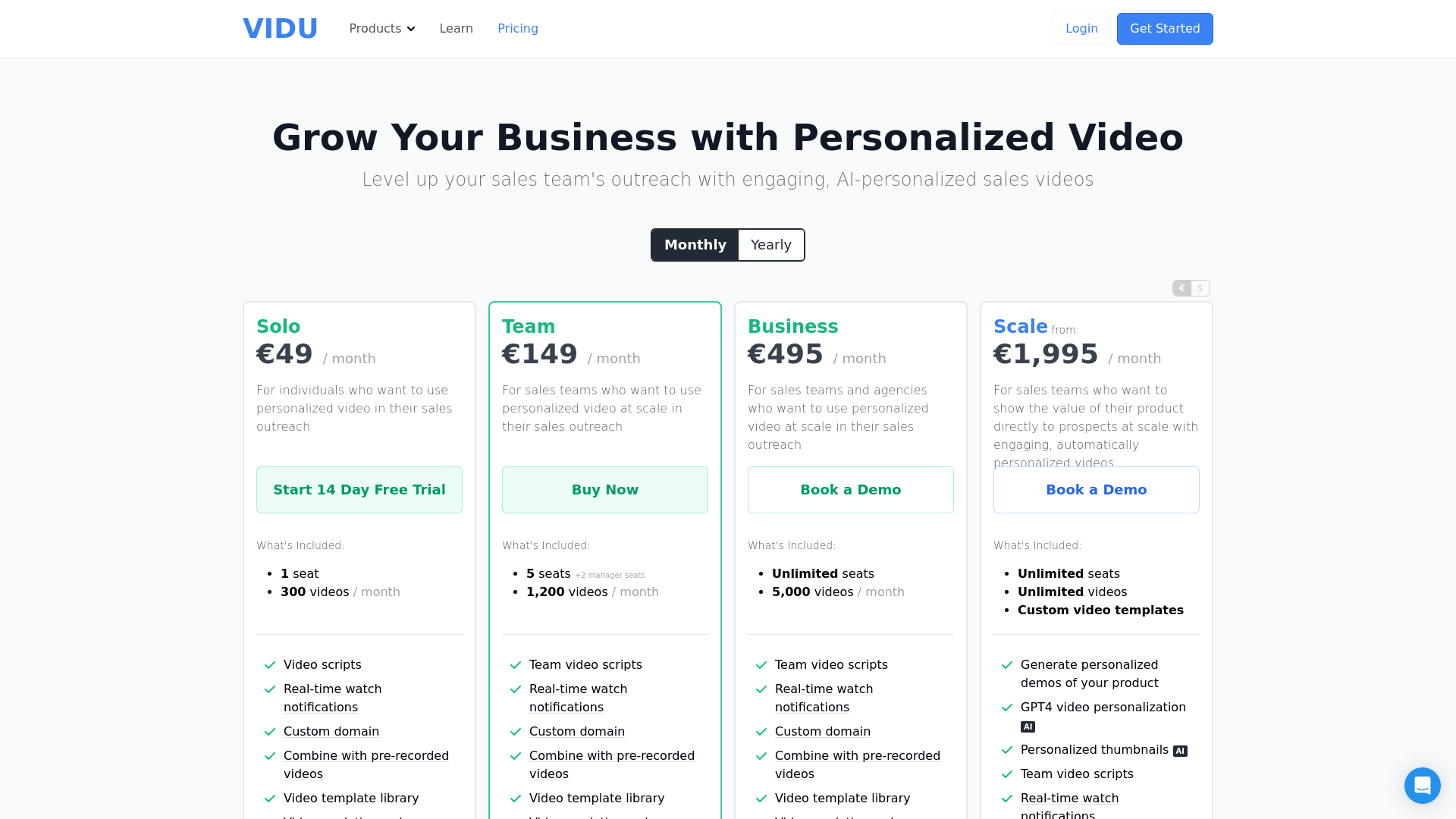 Pricing page of Vidu