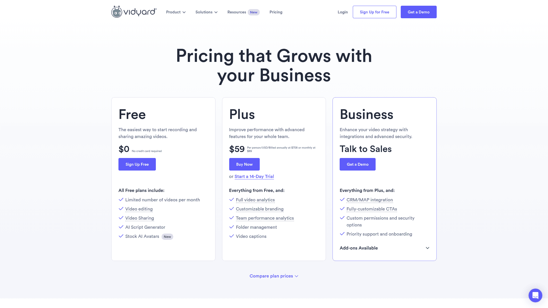 Pricing page of Vidyard