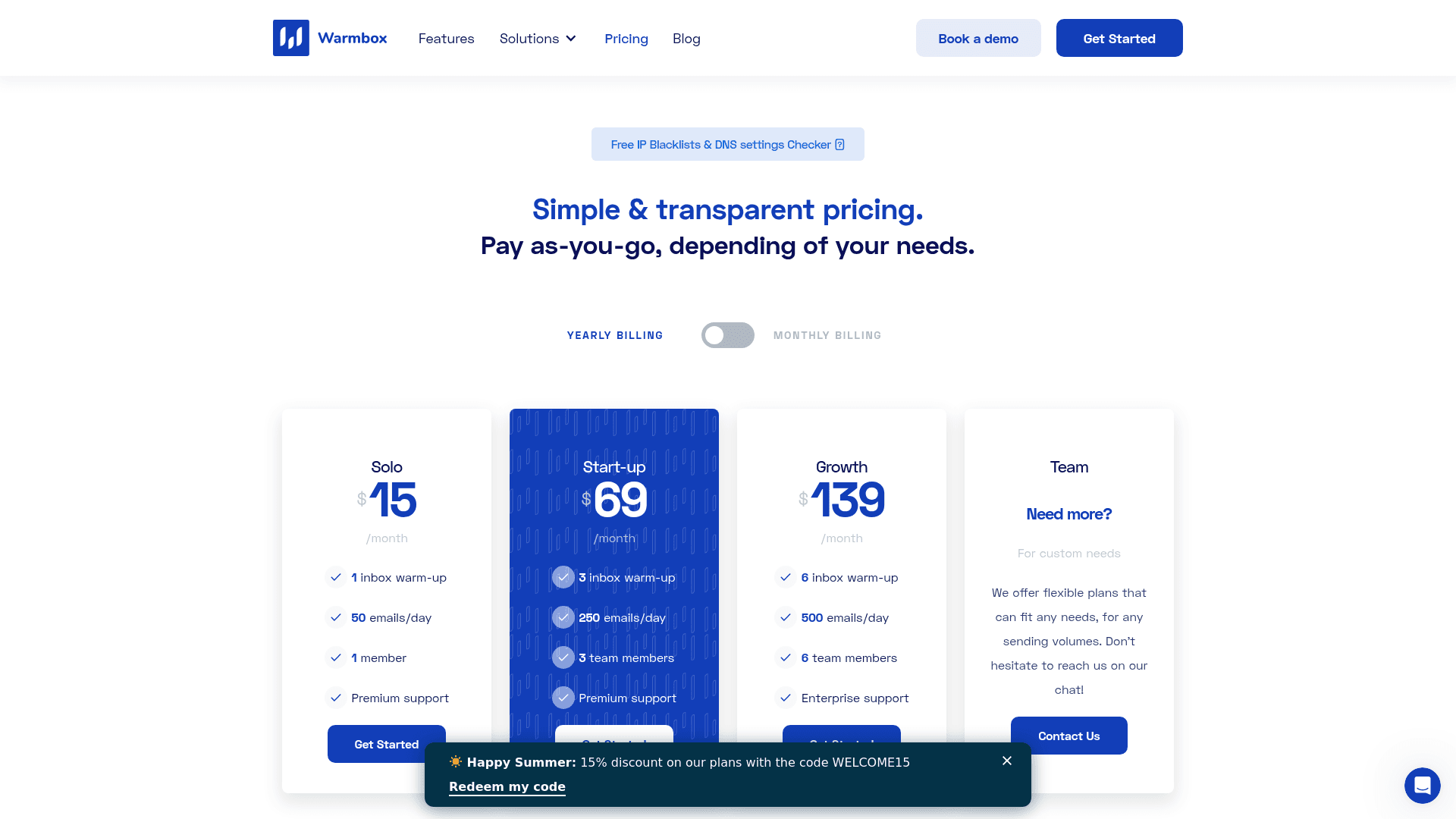 Pricing page of Warmbox