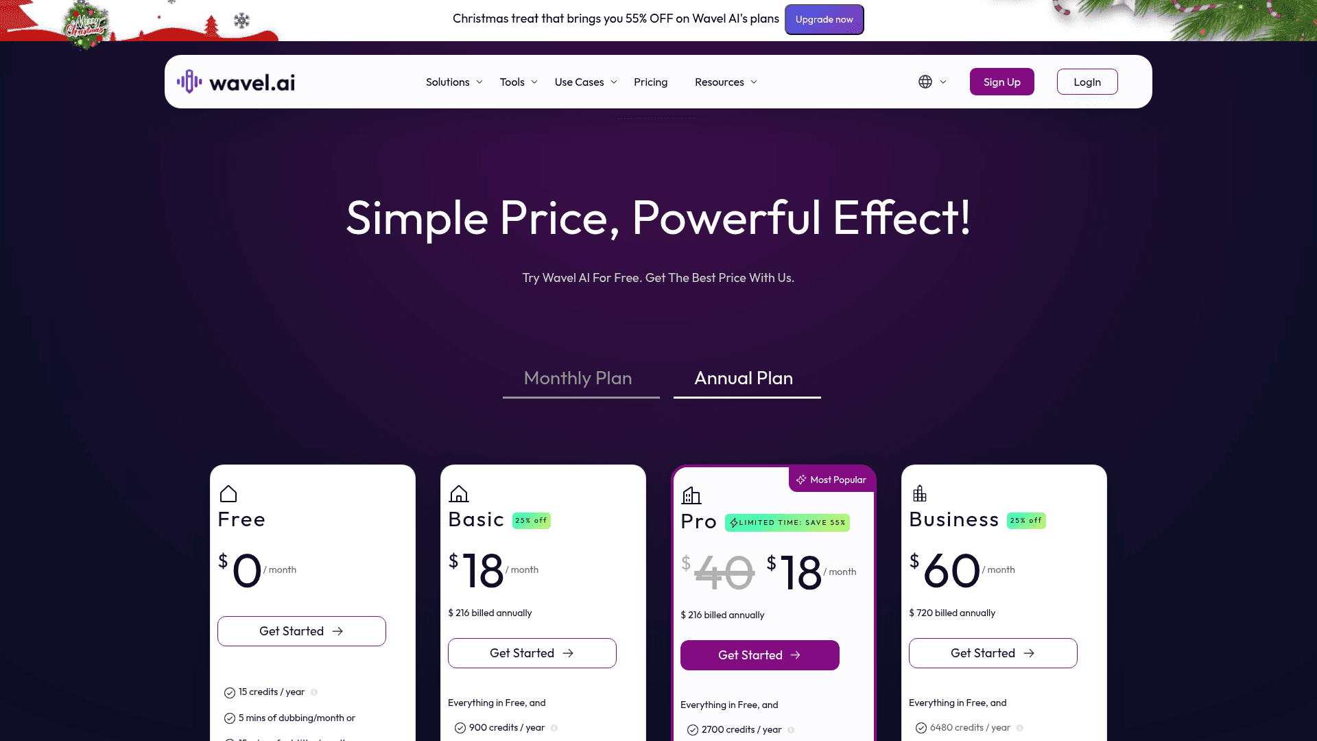 Pricing page of Wavel AI