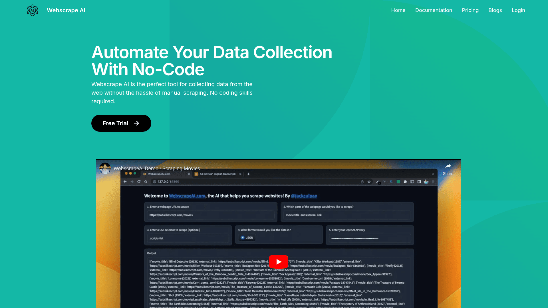 Homepage of WebscrapeAI