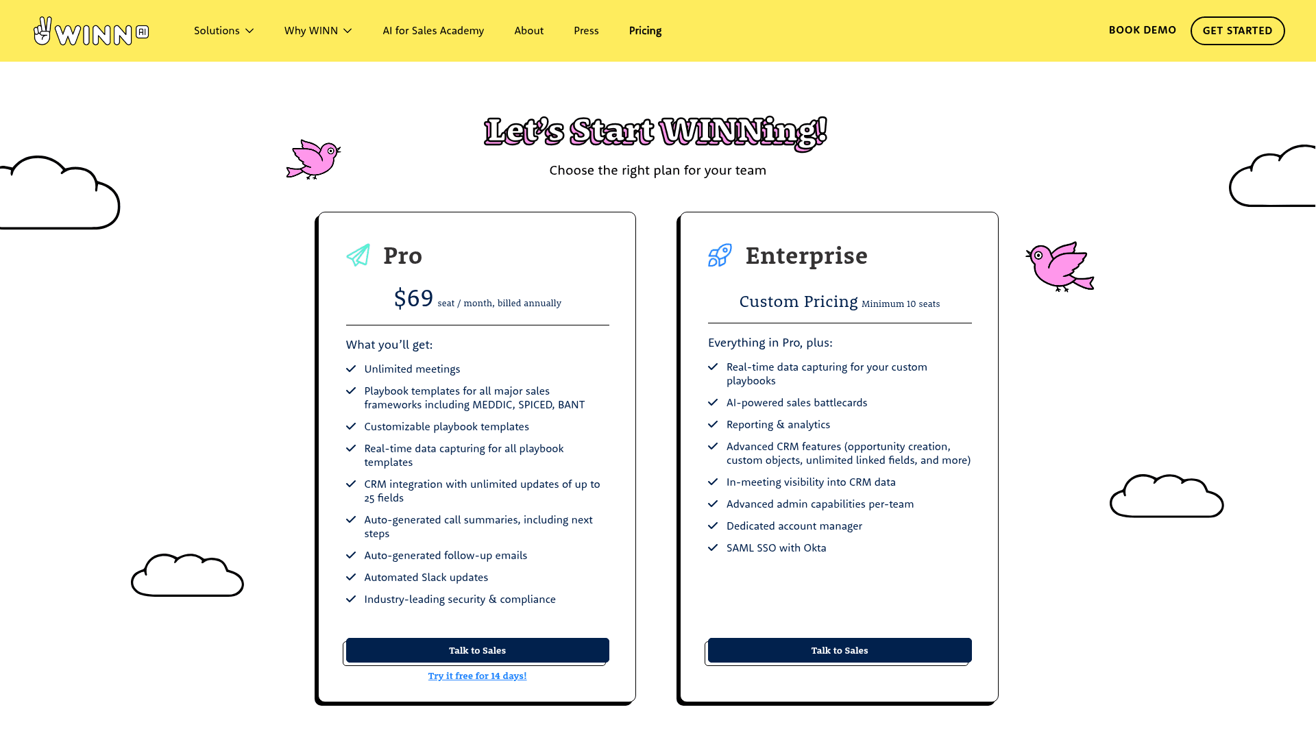 Pricing page of WINN