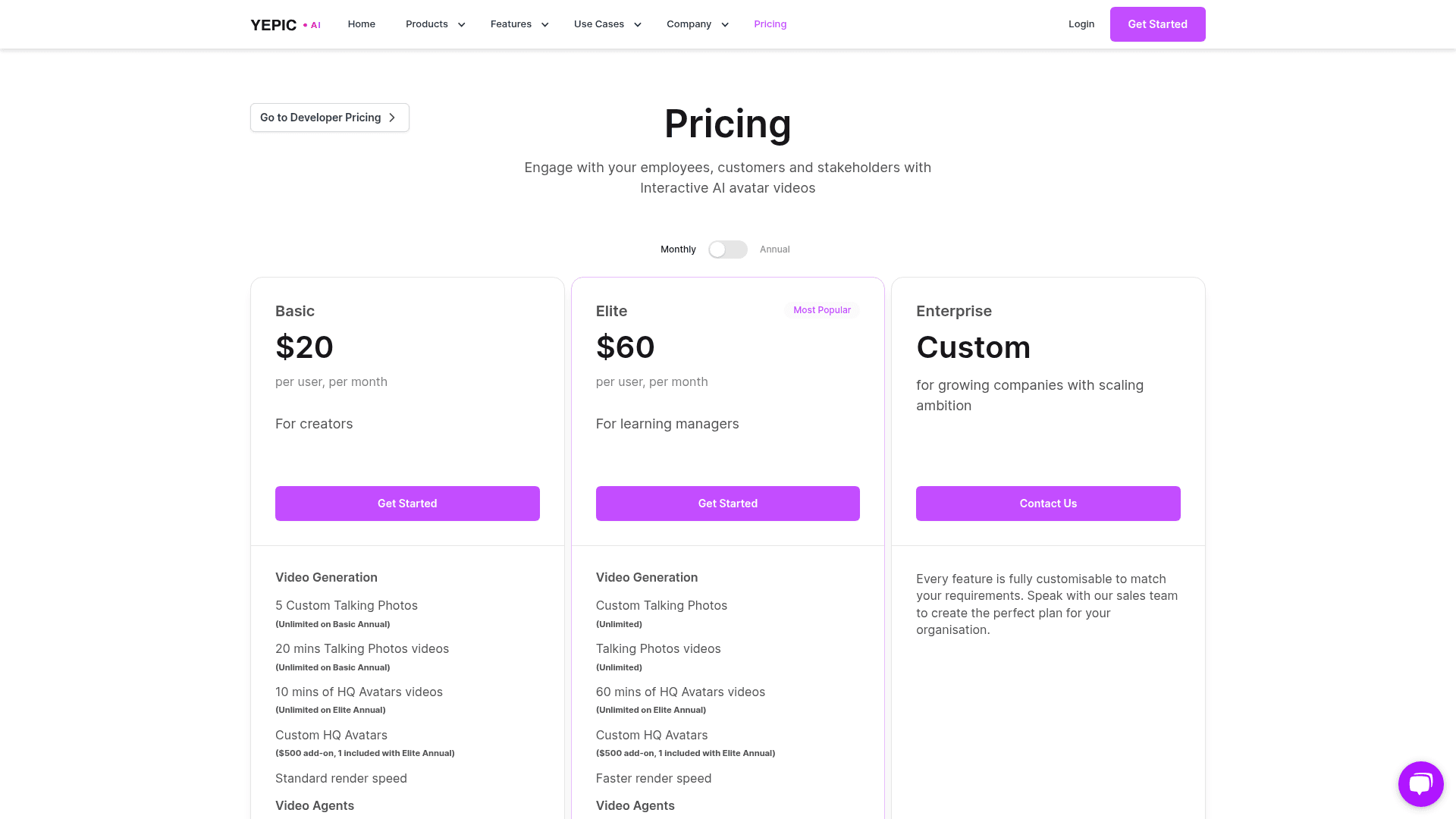 Pricing page of Yepic