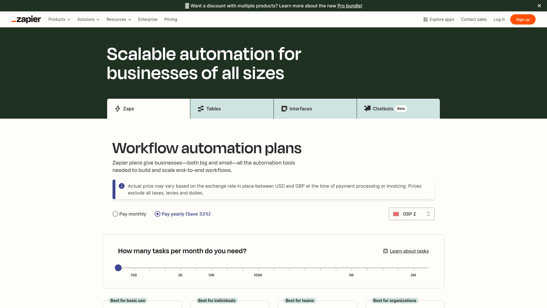 Pricing page of Zapier